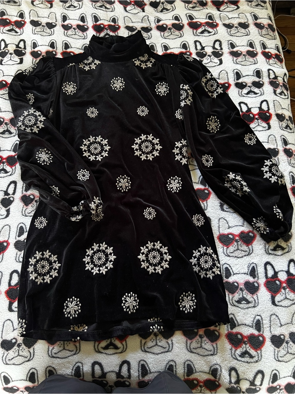 Black Velvet Long-Sleeve Top with Cream Embellished Snowflake Motif